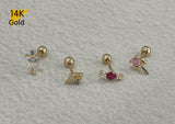 14K Solid Gold Cubic Zirconia Ice Cream, Cocktail, Candy, Magic Wand Heart Pink Ribbon Ball Stud End Barbell Piercing, 20G