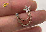 14K Solid Gold Double Chain Stud Earring Flower and 3mm CZ - TGE43004