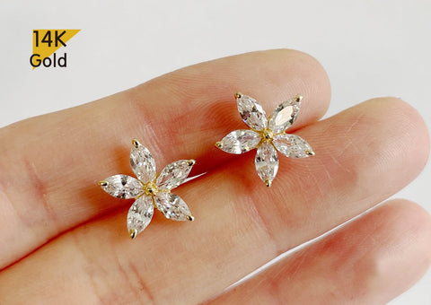 14K Solid Gold Stud Earrings, Cubic Zirconia Daisy Earrings, Cubic Zirconia Flower Earrings