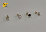 14K Solid Gold Cubic Zirconia, Onyx, Aurora Borealis, Opal 2,3 mm Piercing 21G, 4 6 8 mm Post