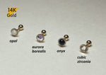 14K Solid Gold Cubic Zirconia, Onyx, Aurora Borealis, Opal 2,3 mm Piercing 21G, 4 6 8 mm Post