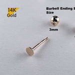 14K Solid Gold Thin Circle 3, 4mm Piercing 21G, 4,6,8mm Post / Barbell Screw Ending Ball