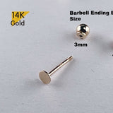 14K Solid Gold Thin Circle 3, 4mm Piercing 21G, 4,6,8mm Post / Barbell Screw Ending Ball