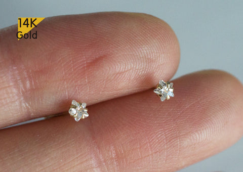 14K Solid Gold Stud Earrings, Tiny Stud, Yellow Gold White Star CZ Earrings, Real Gold - TGE41014