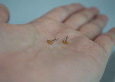 14K Solid Gold Tiny Fish Stud Earrings, Tiny Stud Yellow Gold Earrings, Real Gold - TGE40008