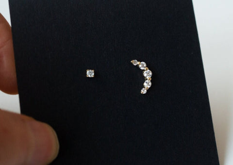 10K Solid Gold Mix CZ 2mm Stud, CZ Crescent Moon, New Moon Stud Earrings - TGE115