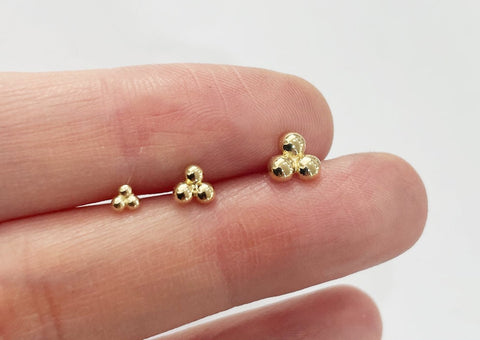 10K Solid Gold Tiny 3 Beads Triangle Stud Earrings Real Gold - TGE109