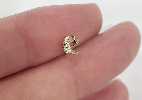 10K Solid Gold Tiny Star Moon Stud Earrings White CZ Cubic Zirconia Real Gold 14K Available