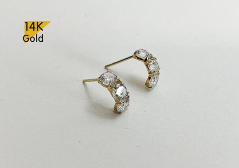 14K Solid Gold Stud Earrings, Threaded Triple White CZ Earrings - TGE40017