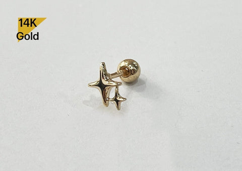 NEW! 14K Solid Gold Stars Ball Stud End Barbell Piercing, 20G