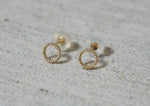 10K Solid Gold Tiny Line Patterned Circle Stud Earrings Real Gold - TGE029