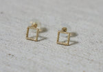 10K Solid Gold Tiny Line Patterned Square Stud Earrings Real Gold - TGE031