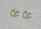 10K Solid Gold Tiny Line Patterned Square Stud Earrings Real Gold - TGE031