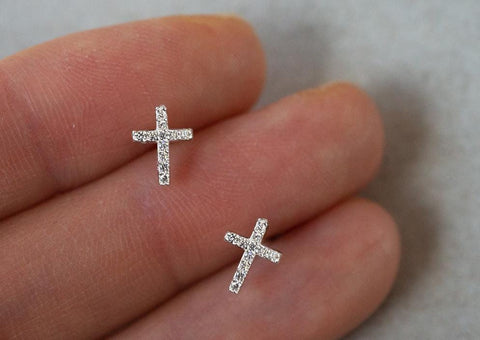 925 Sterling Silver, Mini CZ Studs, Cross Stud Earrings