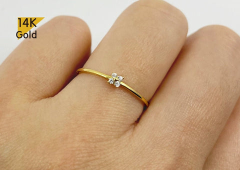 14K Gold Small CZ Flower Ring, Thin Ring, Solid Gold Ring - TGR206