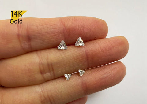 14K Solid Gold Yellow Gold Triangle white CZ Earrings - TGE42005