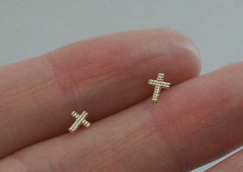 10K Solid Gold Tiny Cross Stud Earrings, Patterned Cross Classic Real Gold - TGE056