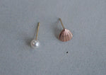 14K Solid Gold Stud Earrings, White 4mm Pearl, ROSE Gold Shell - TG41001