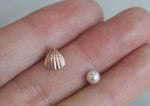 14K Solid Gold Stud Earrings, White 4mm Pearl, ROSE Gold Shell - TG41001