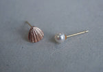 14K Solid Gold Stud Earrings, White 4mm Pearl, ROSE Gold Shell - TG41001