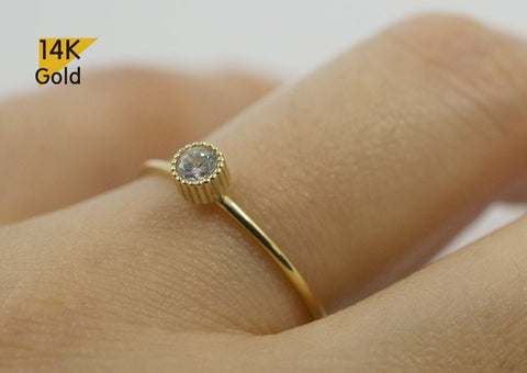 14K Solid Gold Ring, White Cubic Zirconia Ring, Engagement Ring - TGR012