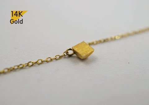 14K Solid Gold Necklace Brushed Finish Square Matte Textured Pendant Yellow Gold Chain - TGN103