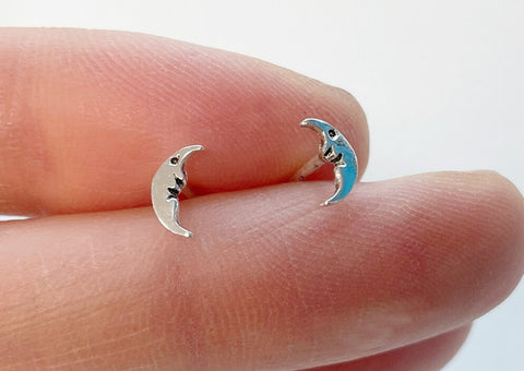 925 Sterling Silver Earrings, Moon Earrings, Moon Face Studs