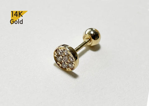 14K Solid Gold  CZ End Barbell  Piercing 22G, 6mm Post Real Gold