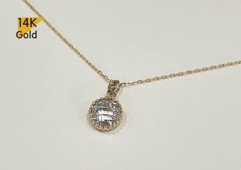 14K Solid Gold Necklace, Thin Chain, 7mm Cubic Zirconia Pendant